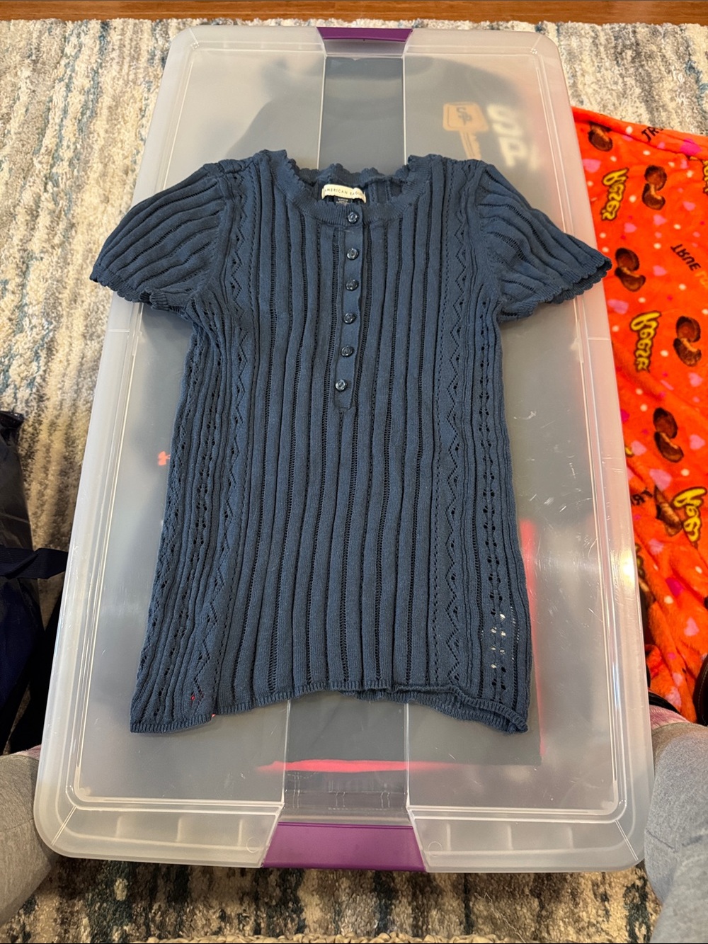 American Eagle Outfitters Navy Ribbed Short-Sleeve Knit Top